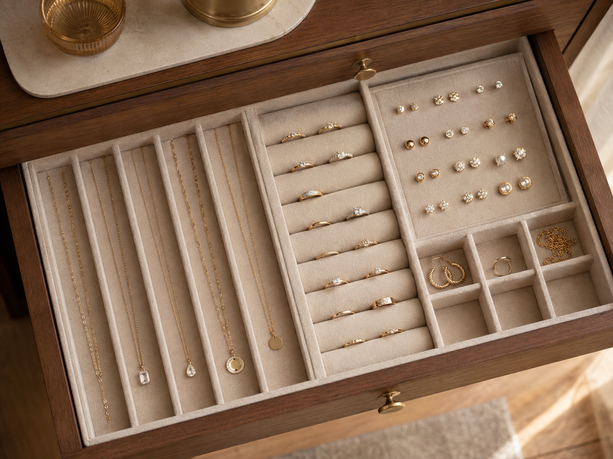 Top-down view of an open wooden dresser drawer featuring velvet-lined trays organized with gold necklaces, rings, and stud earrings.