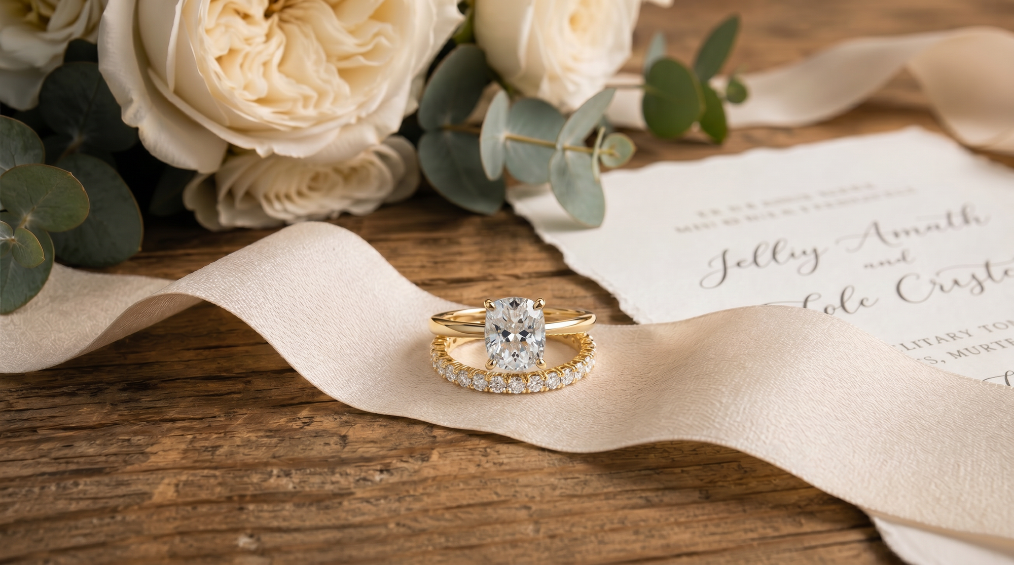 An oval cut diamond engagement ring stacked on top of a diamond wedding band over a silk ribbon, illustrating which ring goes on first.