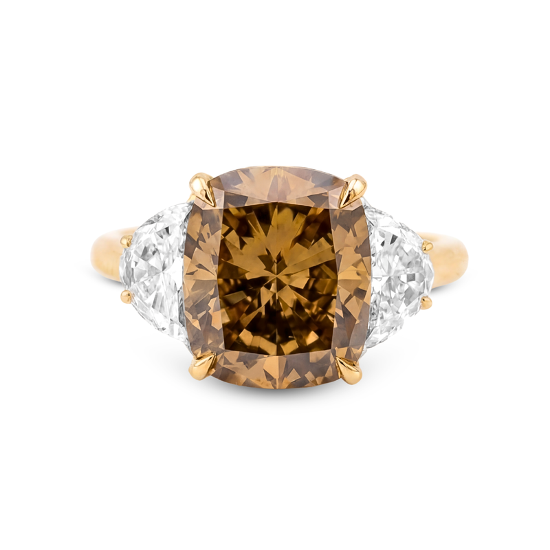 Fancy Dark Brownish Yellow Cushion Cut Diamond Ring with Half Moon Side Stones | 6.64tw