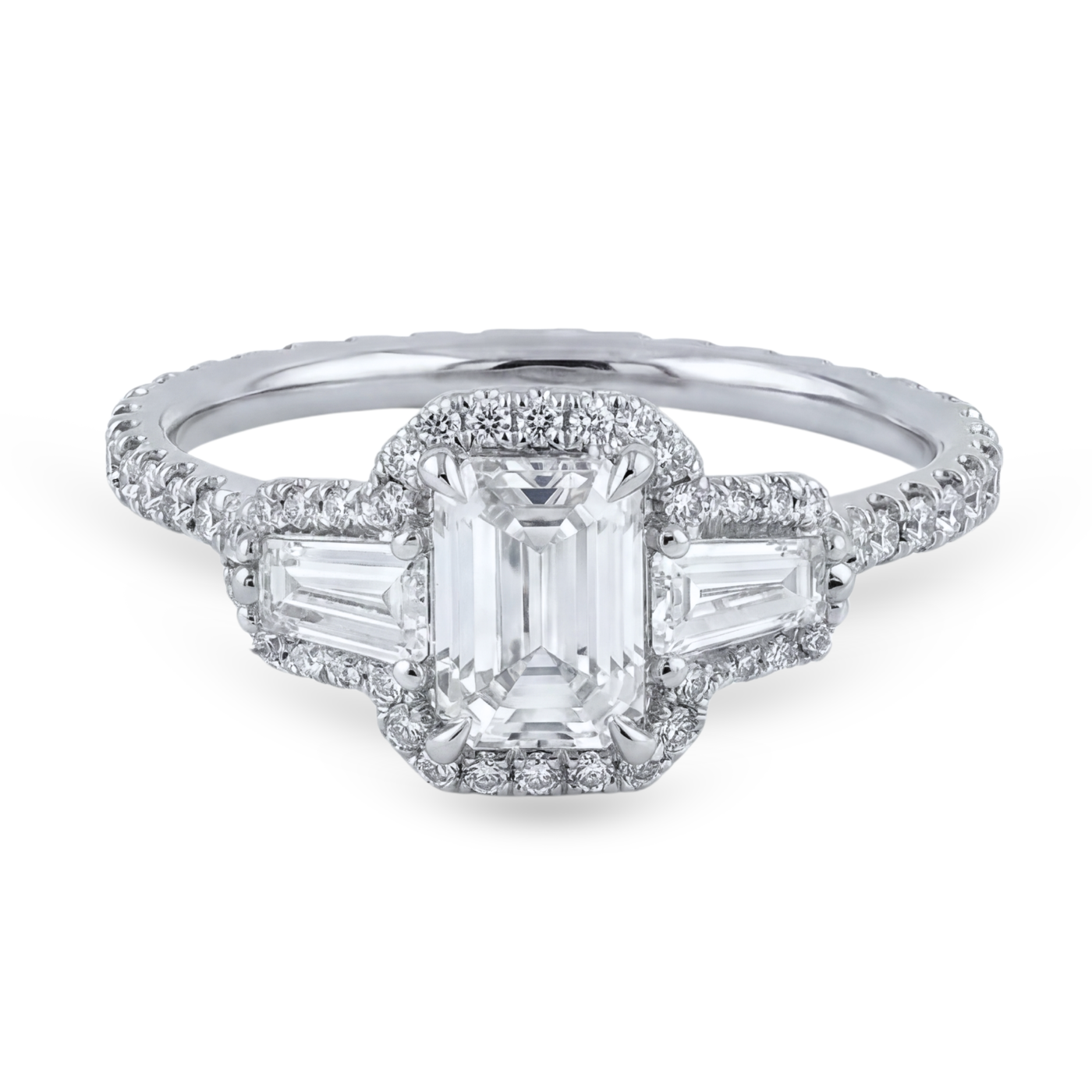 Emerald Cut Three-Stone Diamond Halo Ring | 2.11tw