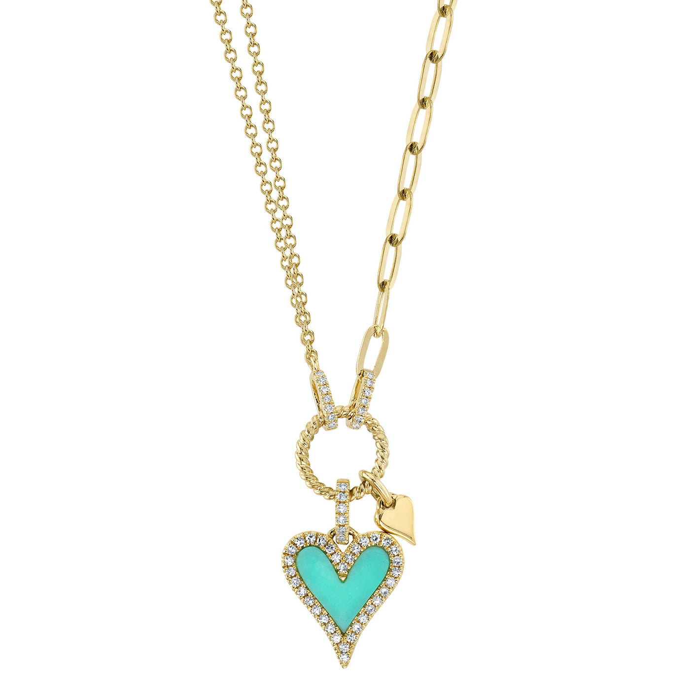 Heart Shape Turquoise & Diamond Pendant on Paperclip Chain