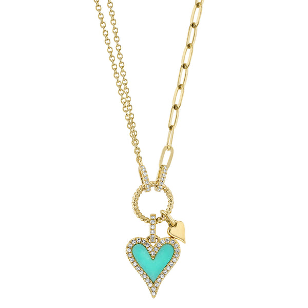 Heart Shape Turquoise & Diamond Pendant on Paperclip Chain