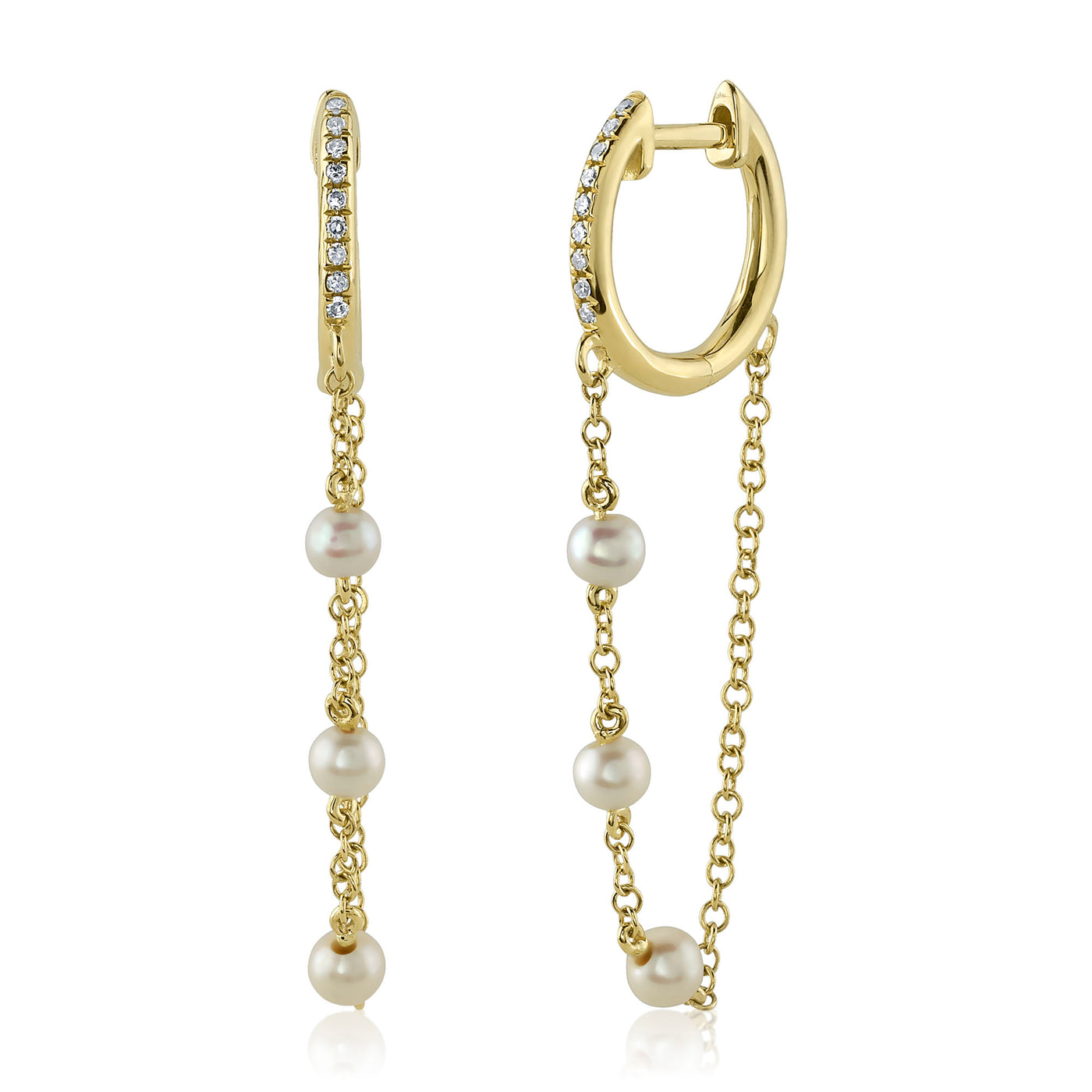 Pearl Chain Drop Diamond Huggie Earrings