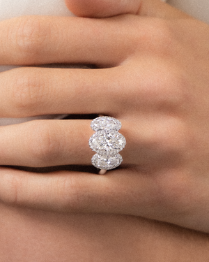 Moval Cut Triple Diamond Ring with Pavé Halo | 3.17tw