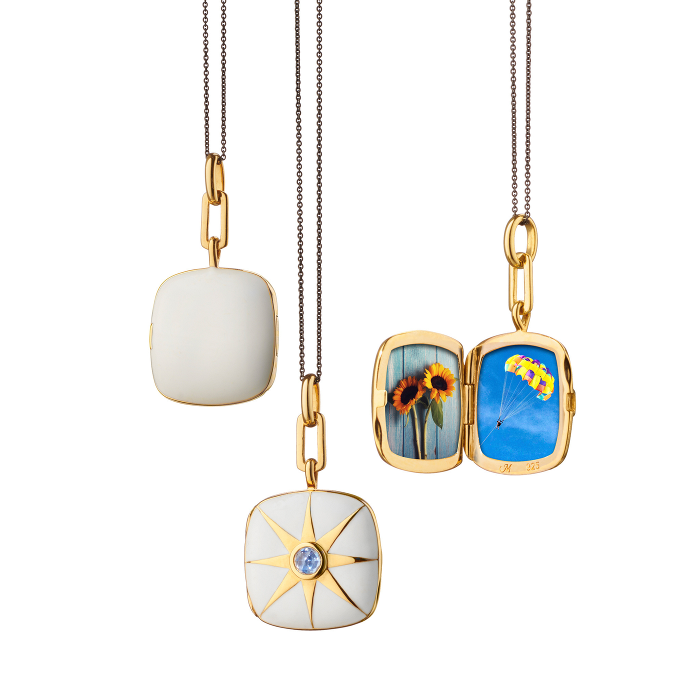White Enamel Cushion Locket with Sapphire Center Pendant