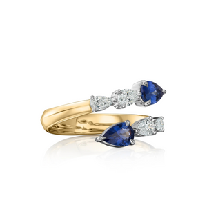 Pear Shape Diamond and Blue Sapphire Graduated Crossover Ring