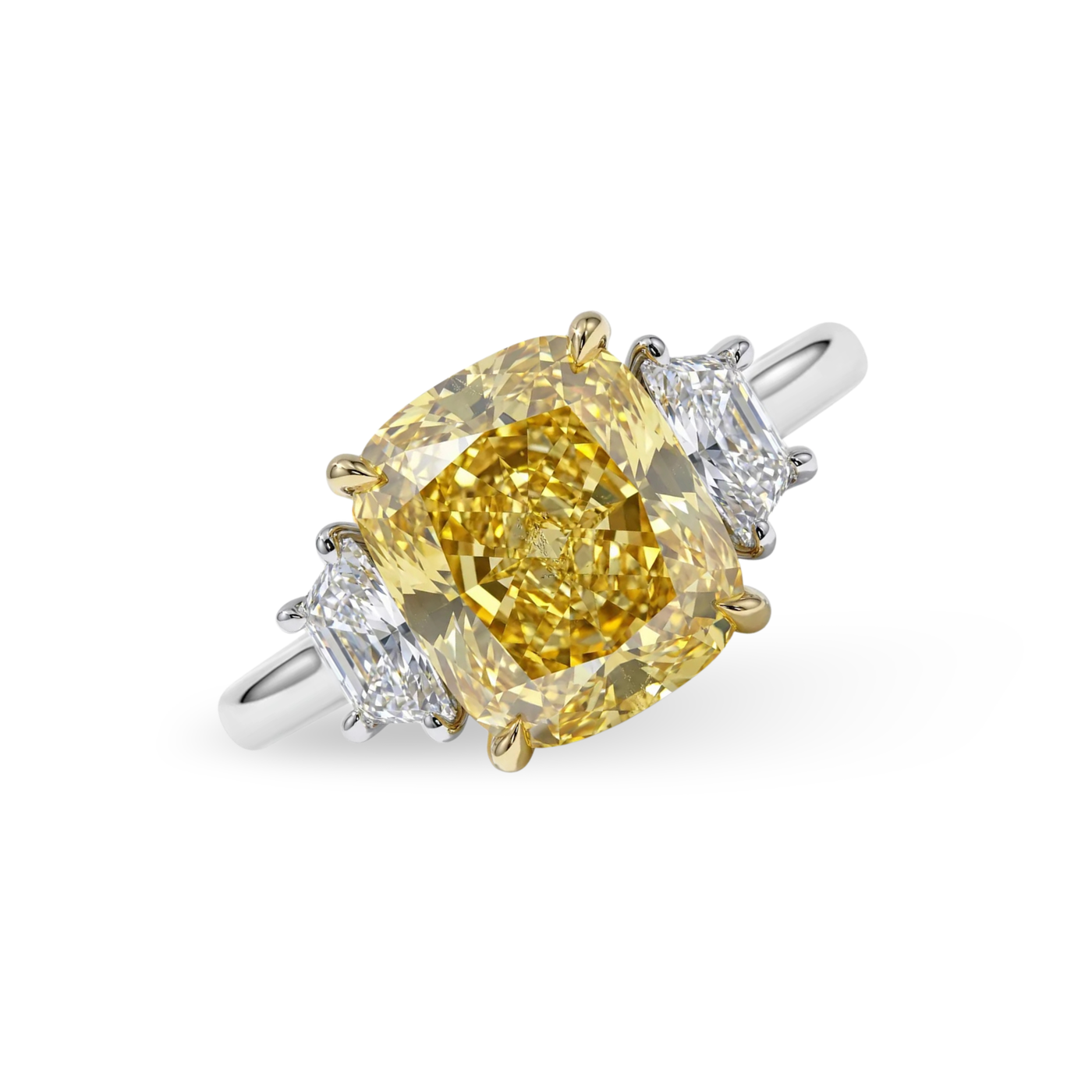 Cushion Cut Fancy Yellow Diamond Ring with Trapezoid Side Stones | 4.61tw