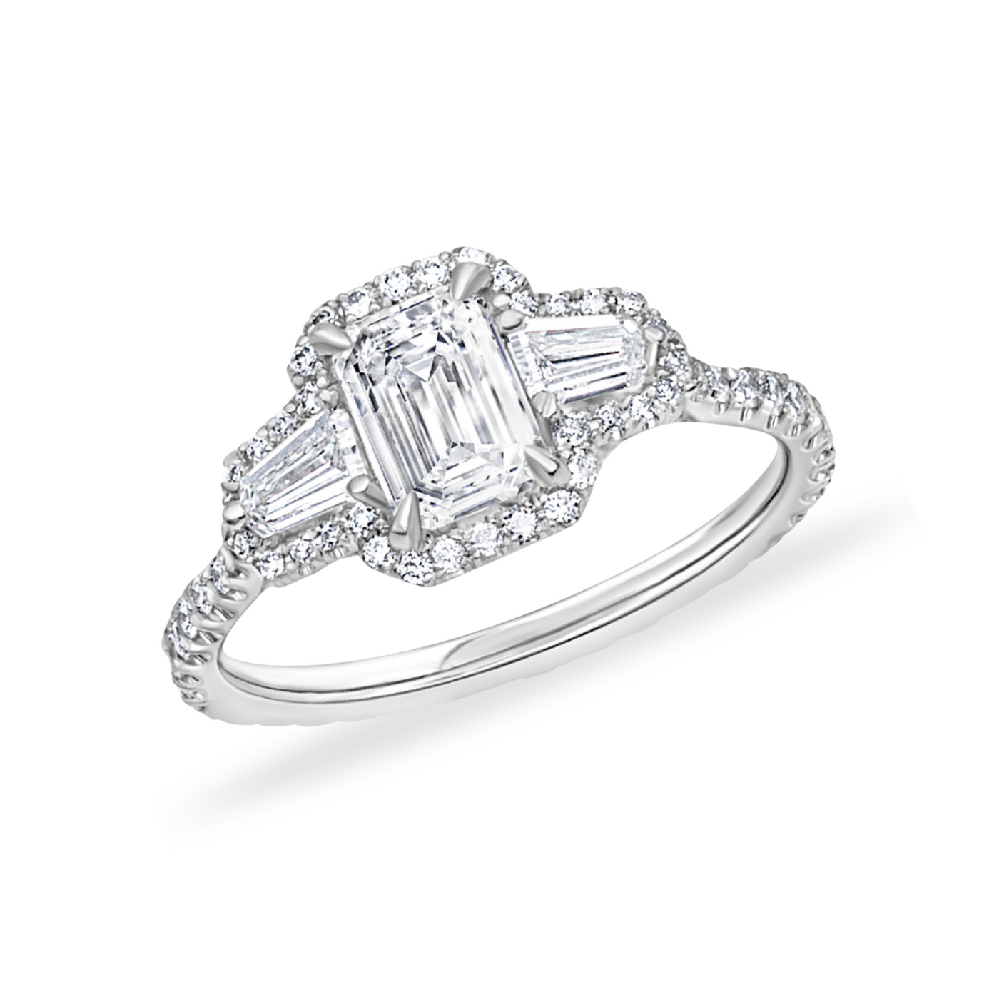 Emerald Cut Ring with Baguette Side Stones and Pavé Band | 2.11tw