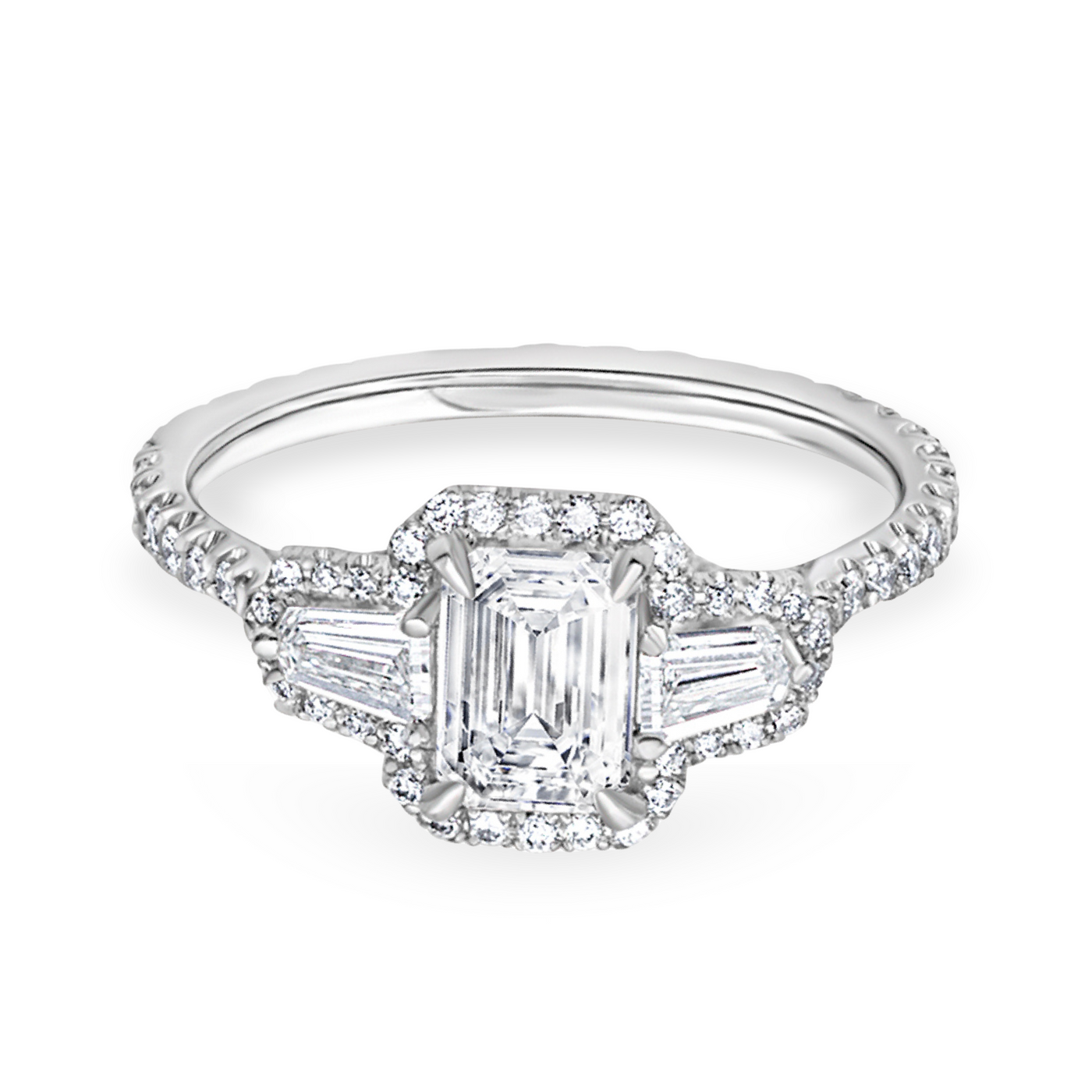 Emerald Cut Three-Stone Diamond Halo Ring | 2.11tw