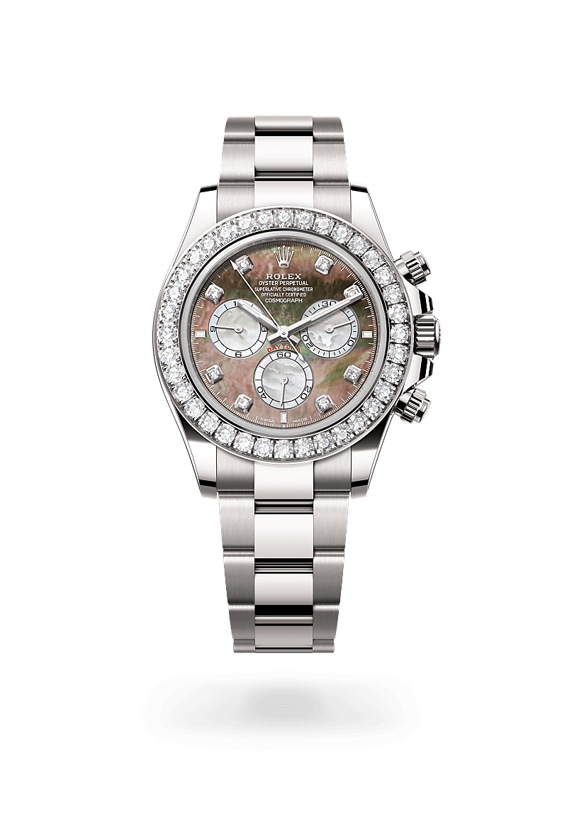 Rolex Cosmograph Daytona in White Gold and Black and white mother-of-Pearl set with Diamonds Dial, M126579rbr-0001| Polacheck's Jewelers