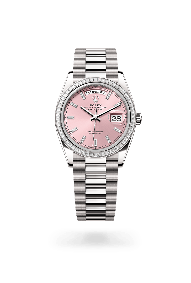 Rolex Day-Date 36 in White Gold and Pink set with Diamonds Dial,M128399TBR-0029 Polacheck's Jewelers