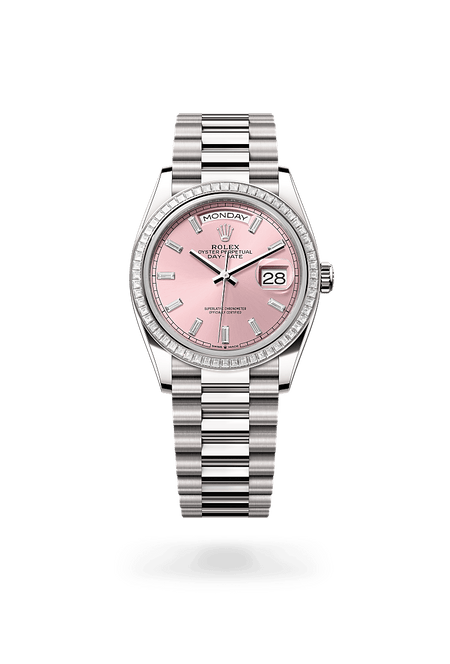 Rolex Day-Date 36 in White Gold and Pink set with Diamonds Dial,M128399TBR-0029 Polacheck's Jewelers
