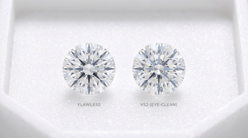 A close-up comparison highlighting the best diamond clarity choice, showing a Flawless diamond alongside an eye-clean VS2 diamond in a white display box.