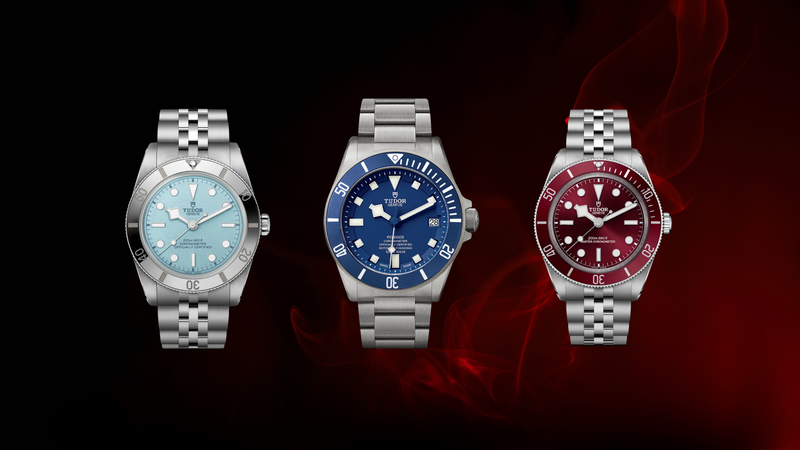 A trio layout showcasing Tudor new releases, including the Black Bay 58 GMT, Pelagos 39 or Black Bay 54, and the Black Bay Burgundy Master Chronometer set against a dark red backdrop.