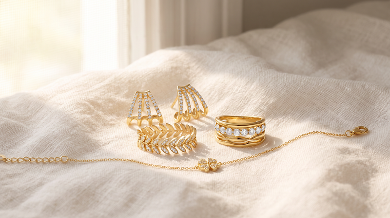 A warm flat lay of fine gold rings, diamond stud earrings, and a dainty clover bracelet on soft linen showing what jewelry is suitable for casual wear.