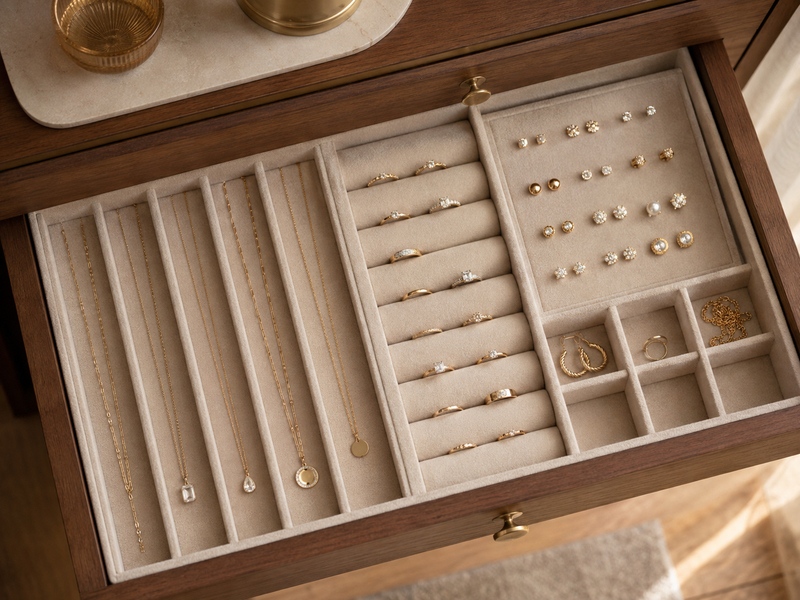 Top-down view of an open wooden dresser drawer featuring velvet-lined trays organized with gold necklaces, rings, and stud earrings.