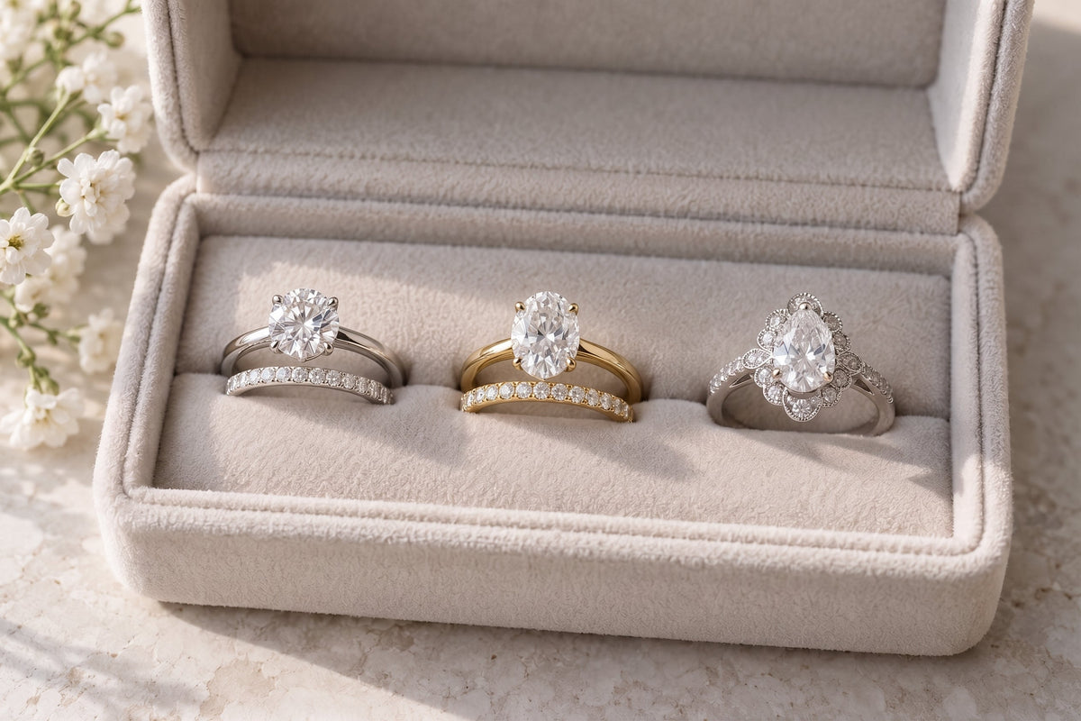 Open jewelry box revealing matching diamond wedding bands paired alongside classic engagement ring settings.