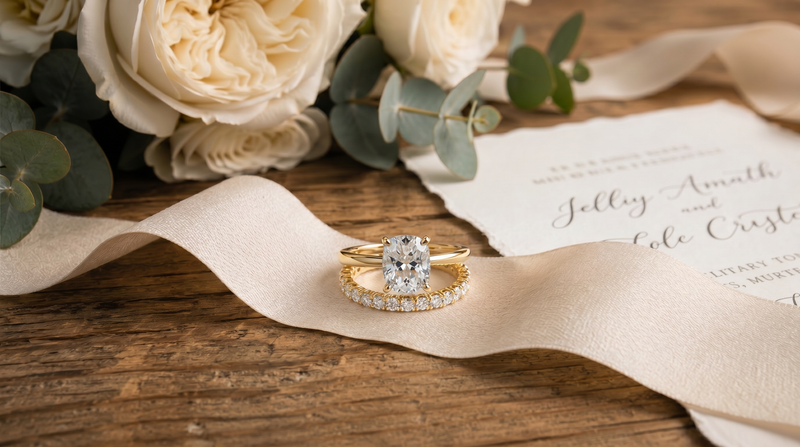 An oval cut diamond engagement ring stacked on top of a diamond wedding band over a silk ribbon, illustrating which ring goes on first.