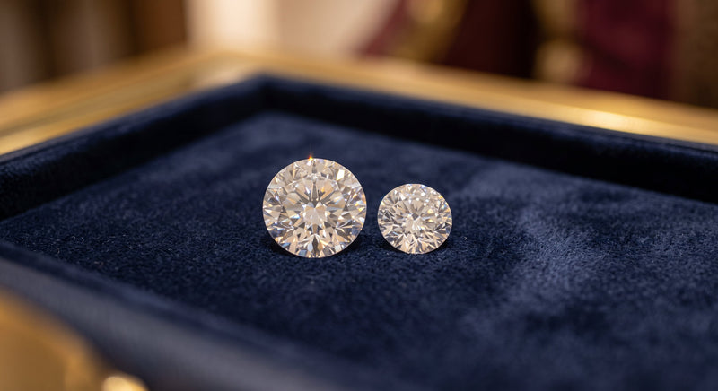 Overhead flat lay of two GIA diamond grading certificates beside diamonds of different sizes on a leather desk pad.