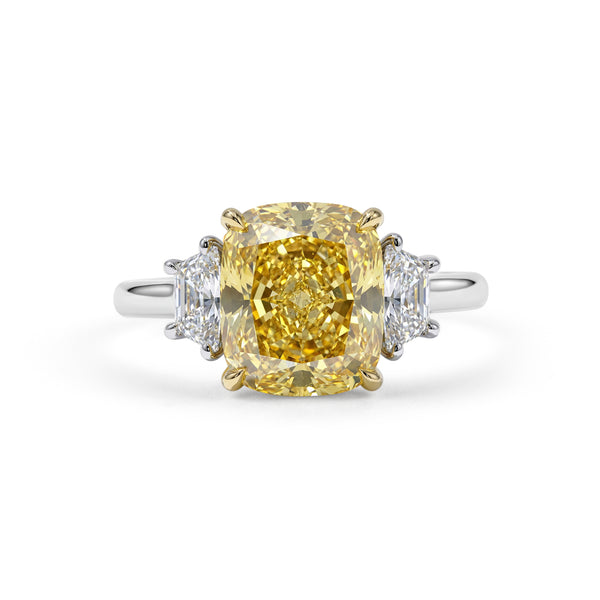 Cushion Cut Fancy Yellow Diamond Ring with Trapezoid Side Stones | 4.61tw