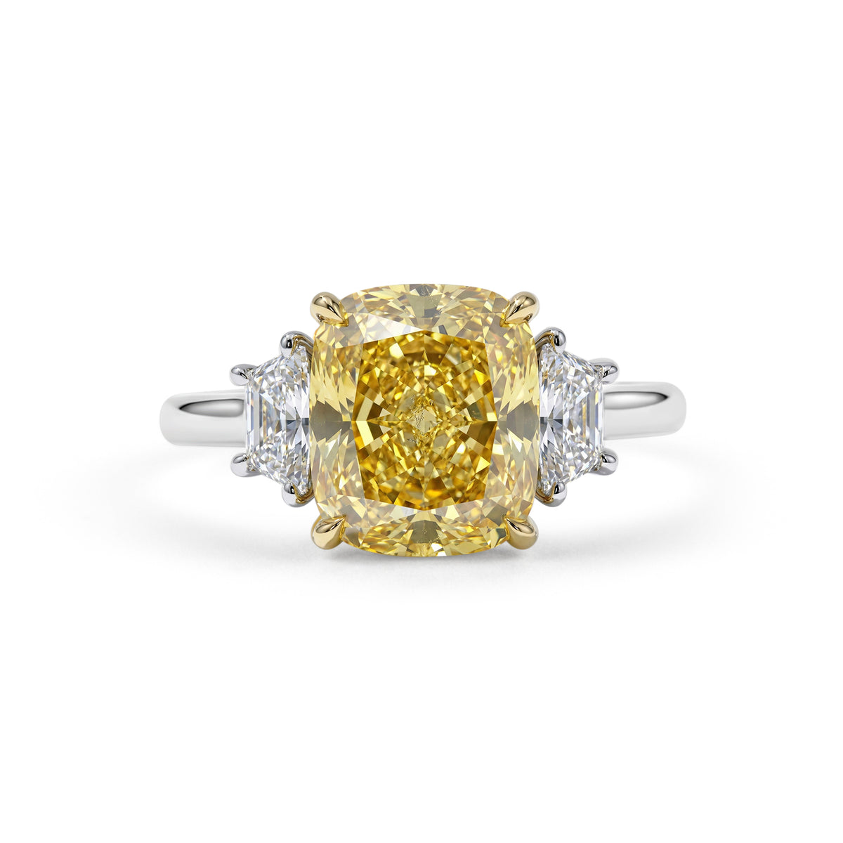 Cushion Cut Fancy Yellow Diamond Ring with Trapezoid Side Stones | 4.61tw