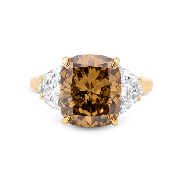 Fancy Dark Brownish Yellow Cushion Cut Diamond Ring with Half Moon Side Stones | 6.64tw
