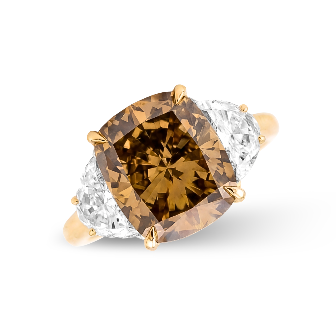 Fancy Dark Brownish Yellow Cushion Cut Diamond Ring with Half Moon Side Stones | 6.64tw