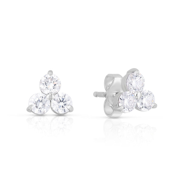 Medium Three Stone Diamond Cluster Stud Earrings