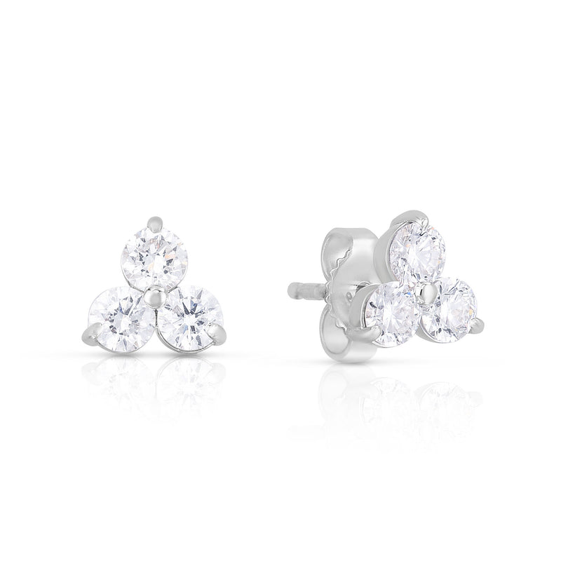 Medium Three Stone Diamond Cluster Stud Earrings