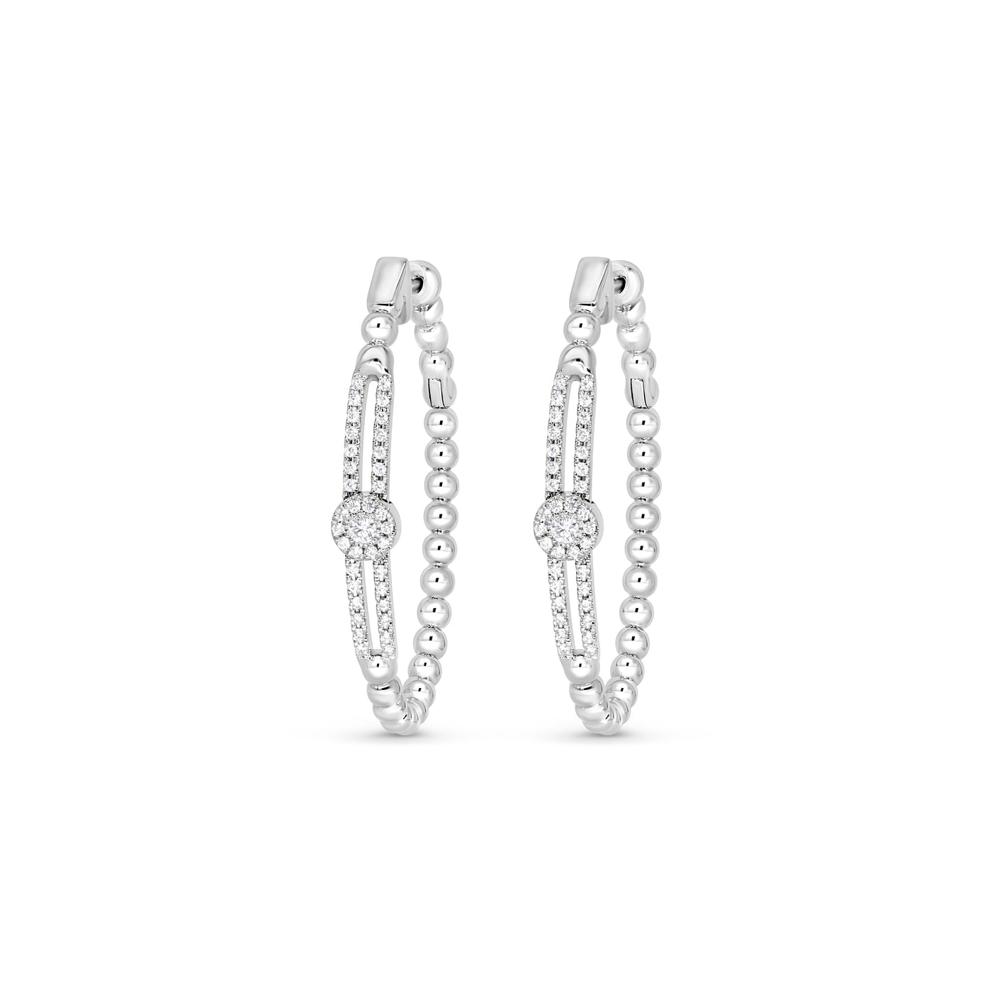 Diamond Oval on Diamond Rail Bead Hoop Earrings | .48tw