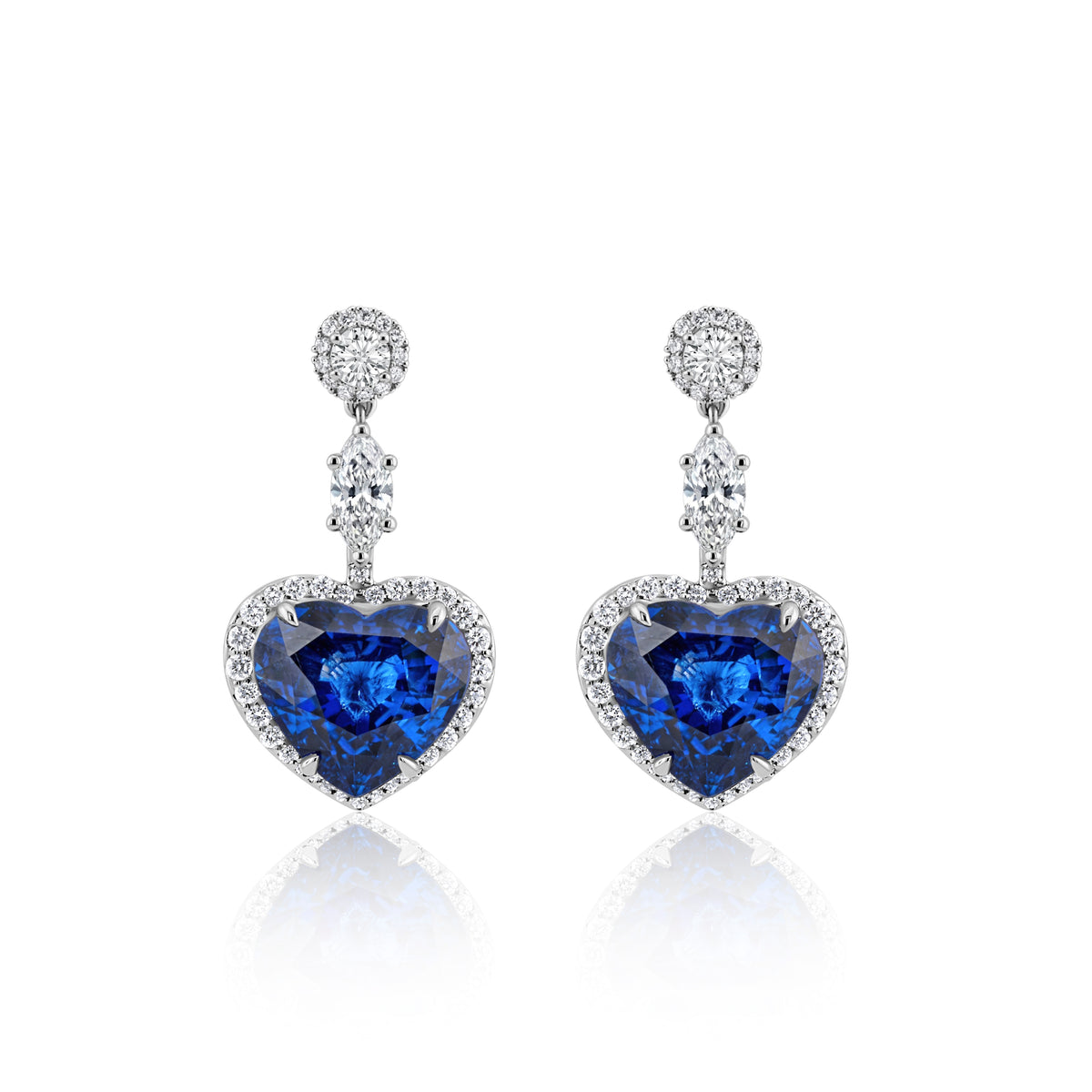 Heart Shape Blue Sapphire & Diamond Drop Earrings | 15.42tw