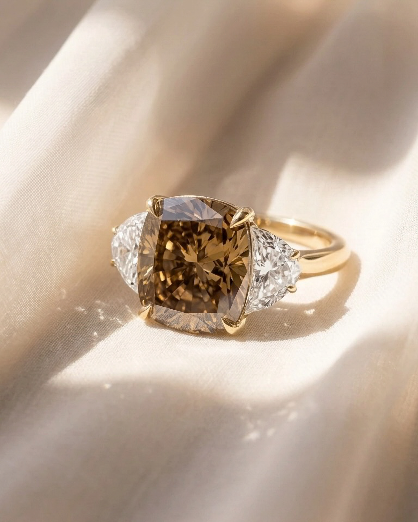 Fancy Dark Brownish Yellow Cushion Cut Diamond Ring with Half Moon Side Stones | 6.64tw
