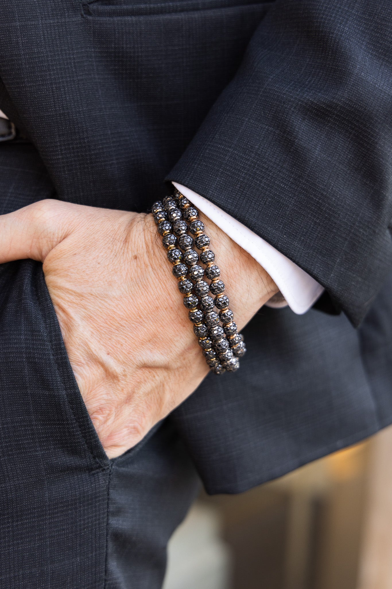 Black Diamond Bead Flex Bracelet with White Gold Rondelles | 22.48tw