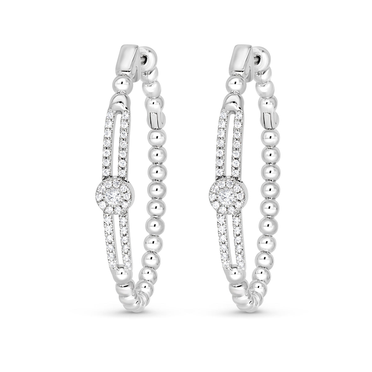 Diamond Oval on Diamond Rail Bead Hoop Earrings | .48tw