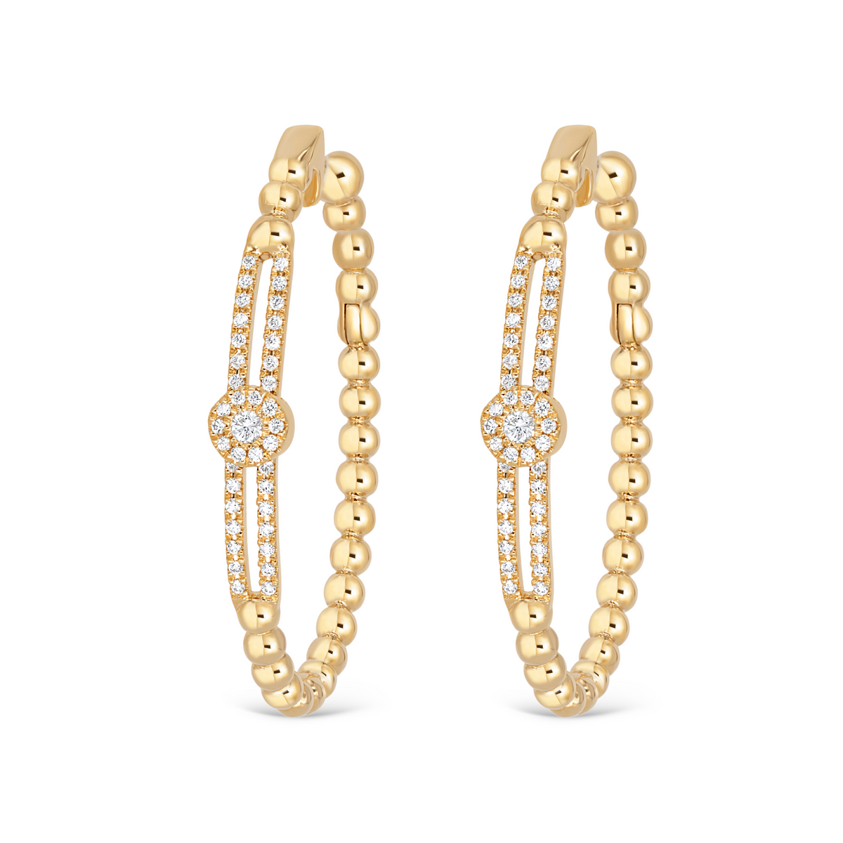 Diamond Oval on Diamond Rail Bead Hoop Earrings | .48tw