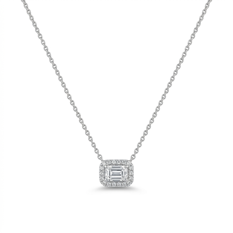 Emerald Cut Diamond Halo Pendant | .54tw