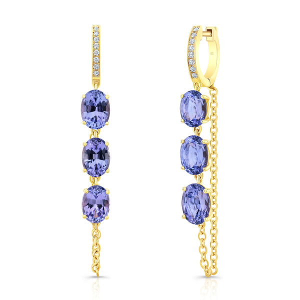 Tanzanite & Diamond Chain Drop Huggie Earrings