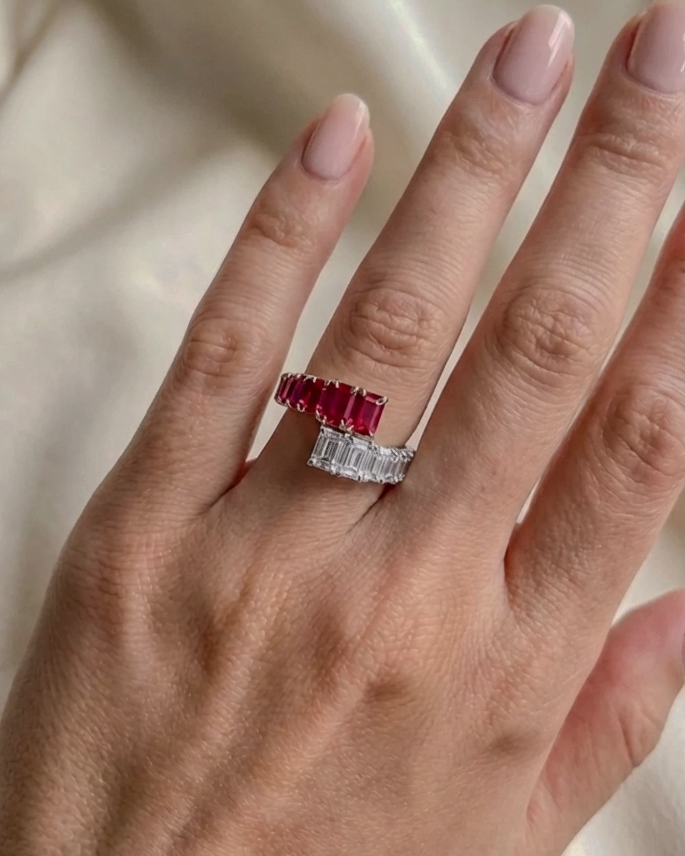 Emerald Cut Ruby & Diamond Bypass Ring | 4.59tw