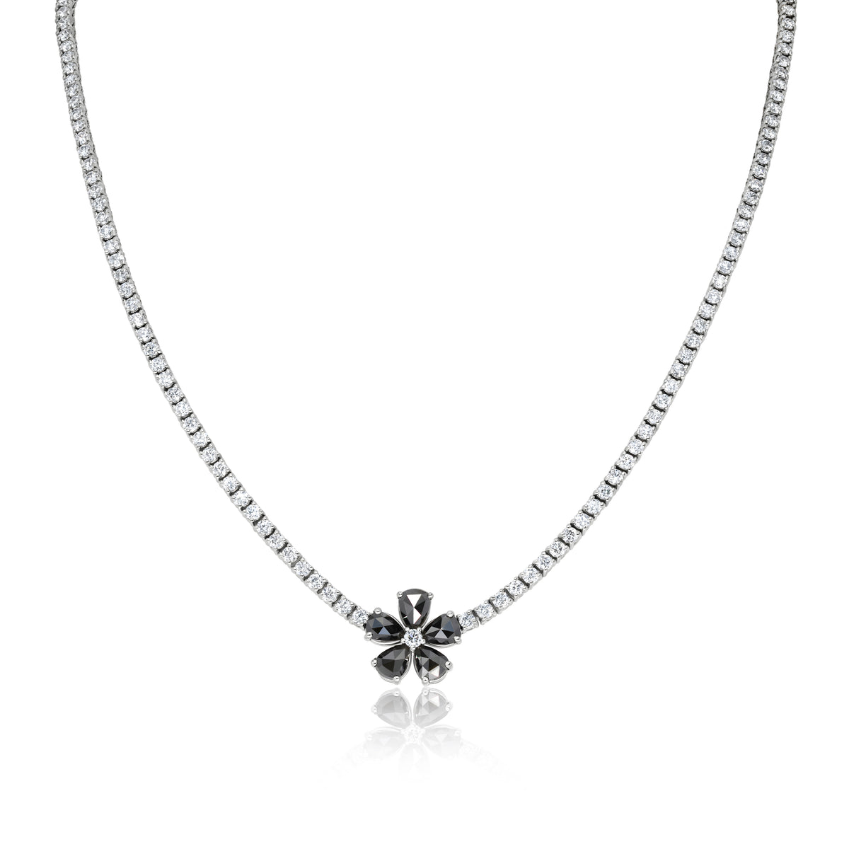 Tennis Necklace with Black Diamond Flower