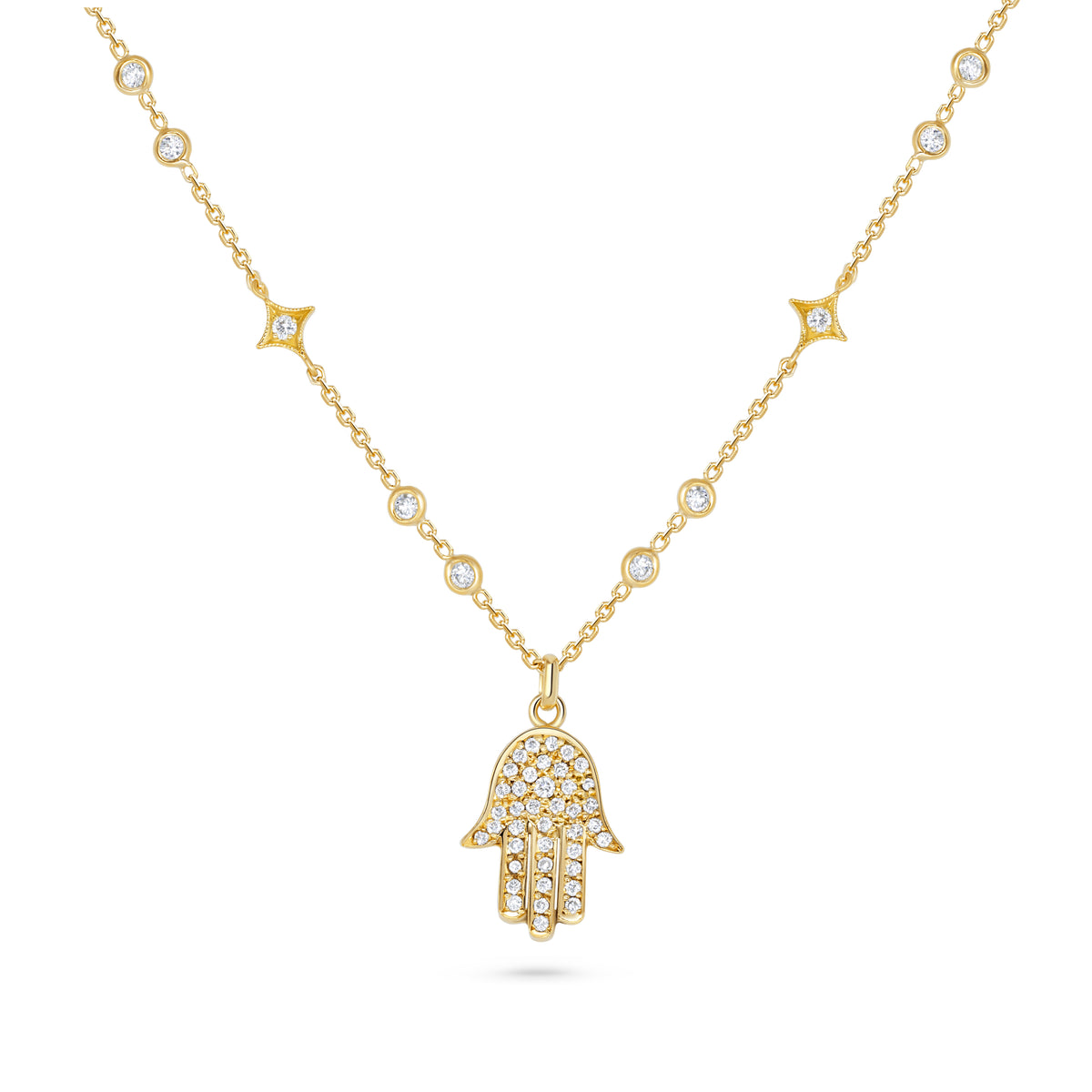 Bezel Set Diamond Chain Hamsa Necklace