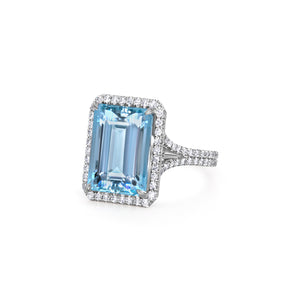 Emerald Cut Aquamarine & Diamond Ring