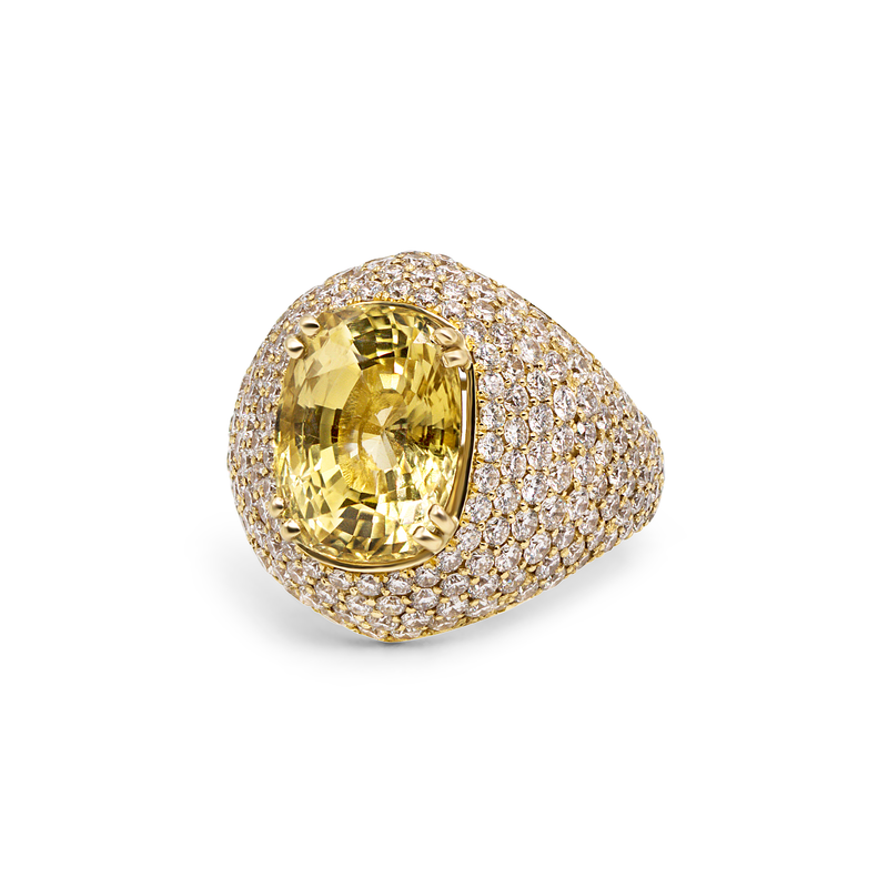 Cushion Cut Yellow Sapphire & Diamond Dome Ring | 12.08tw
