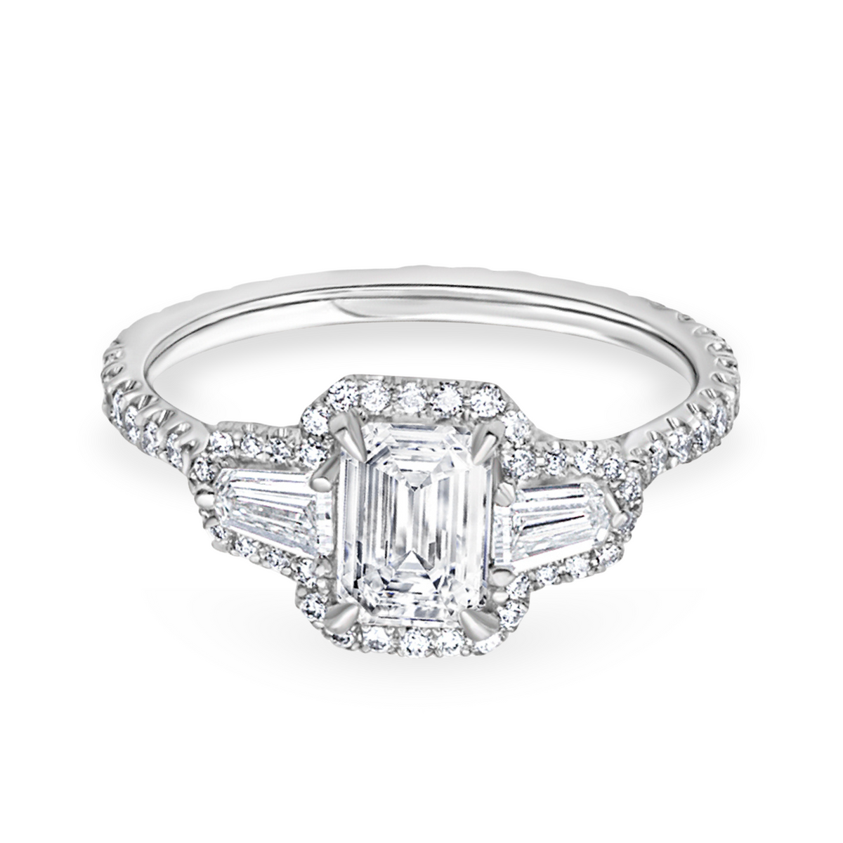 Emerald Cut Ring with Baguette Side Stones and Pavé Band | 2.11tw