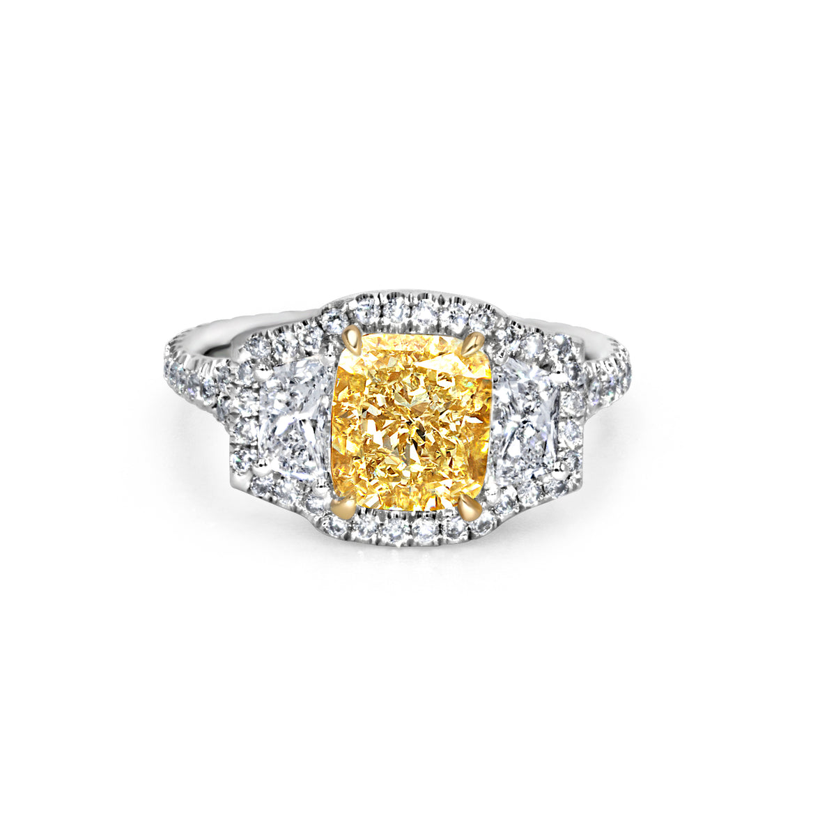 Yellow Cushion Cut Diamond with Trapezoid Side Stones Ring