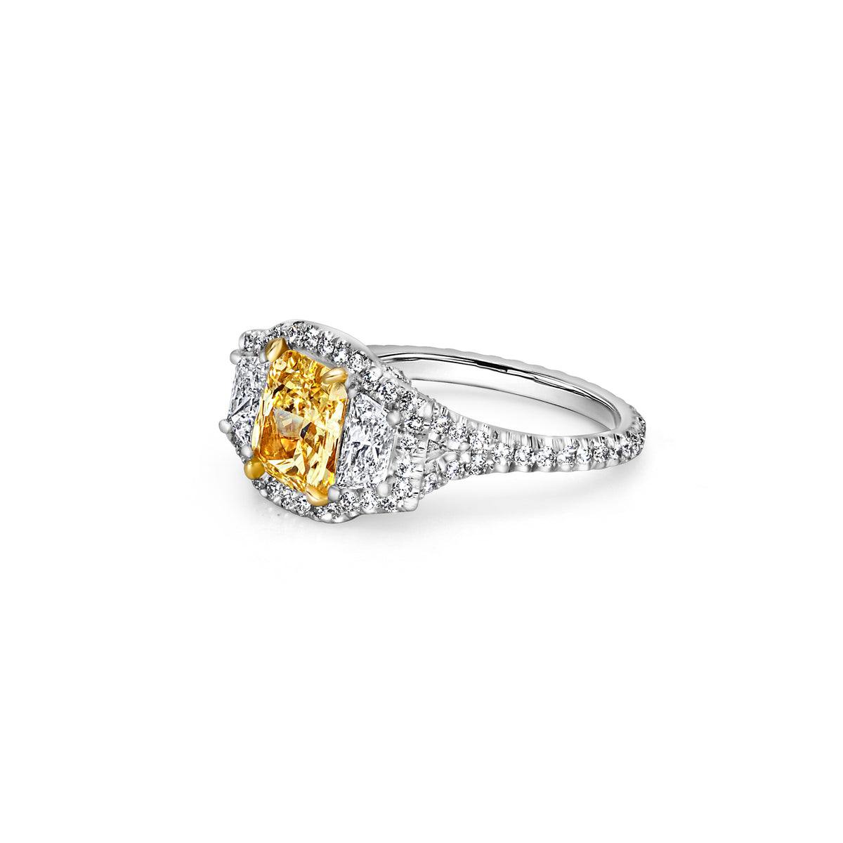Yellow Cushion Cut Diamond with Trapezoid Side Stones Ring
