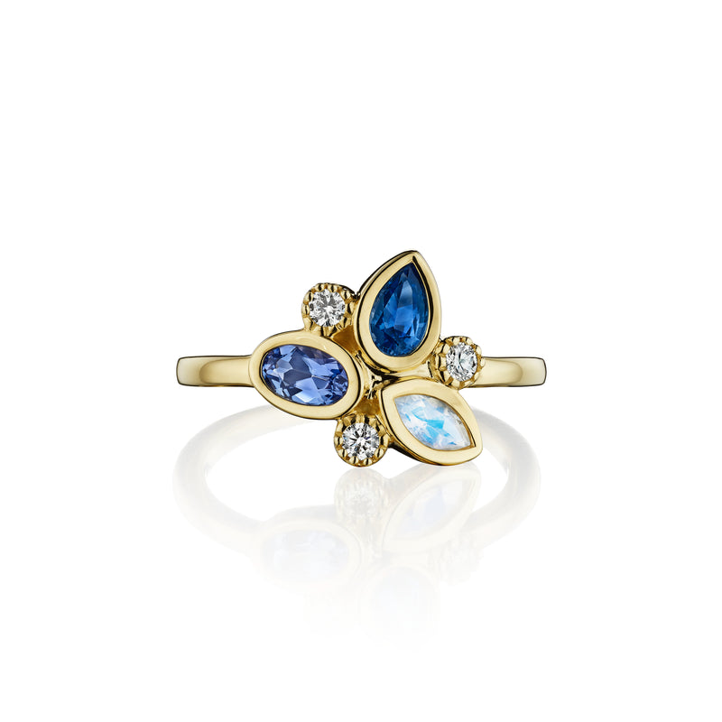 Sapphire, Tanzanite, Moonstone & Diamond Cluster Ring