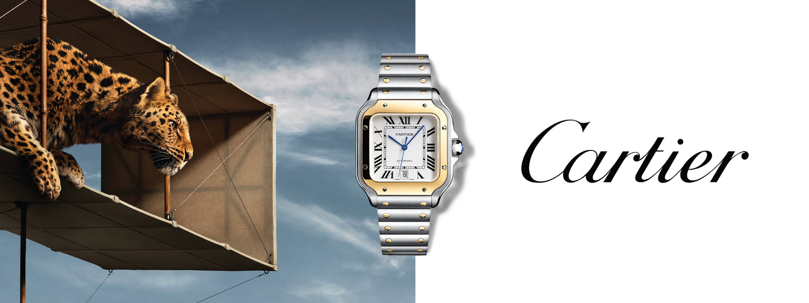Cartier homepage banner. Santos Steel and Yellow Gold watch with a leopard in the background.