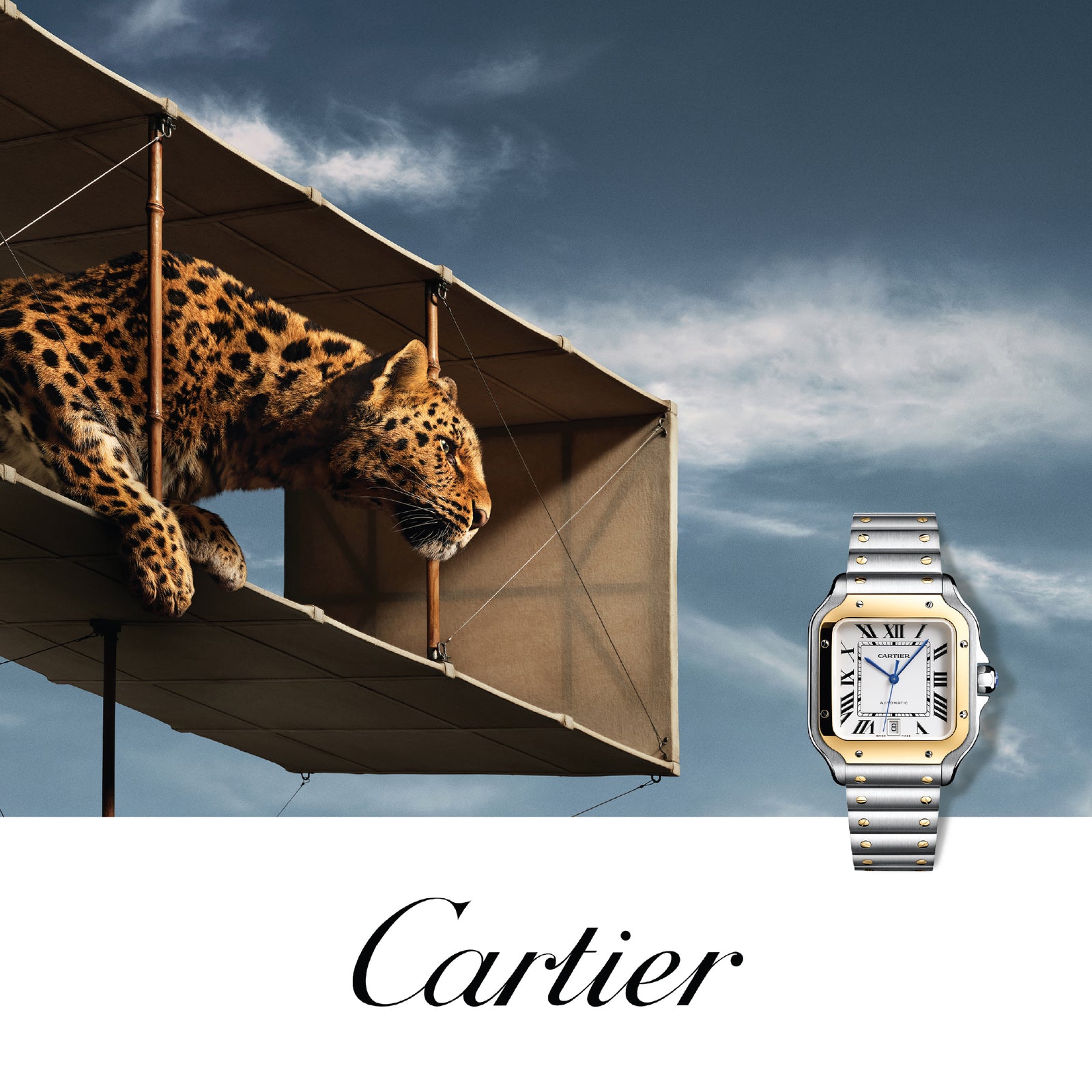 Cartier homepage banner for mobile view. Santos Steel and Yellow Gold watch with a leopard in the background.