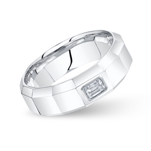 Wide Faceted Band with Emerald Cut Diamond