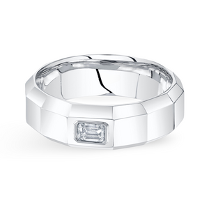 Wide Faceted Band with Emerald Cut Diamond